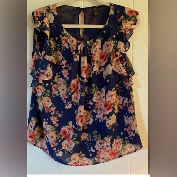 Blouse Women’s Small Navy Blue Floral Ruffle Sleeveless Cottagecore - Picture 1 of 7